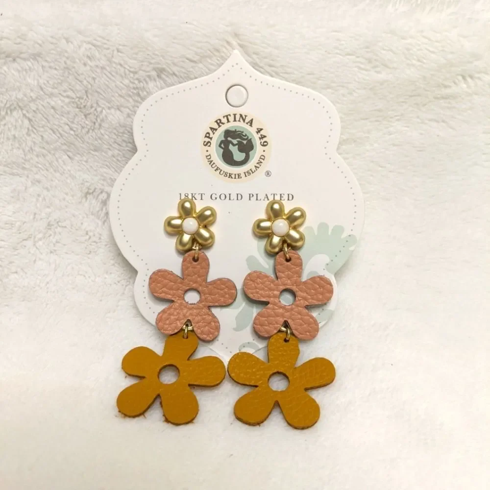 Daisy Leather Earrings Pink/Orange w/ 18kt Matte Gold Plated Studs NIB